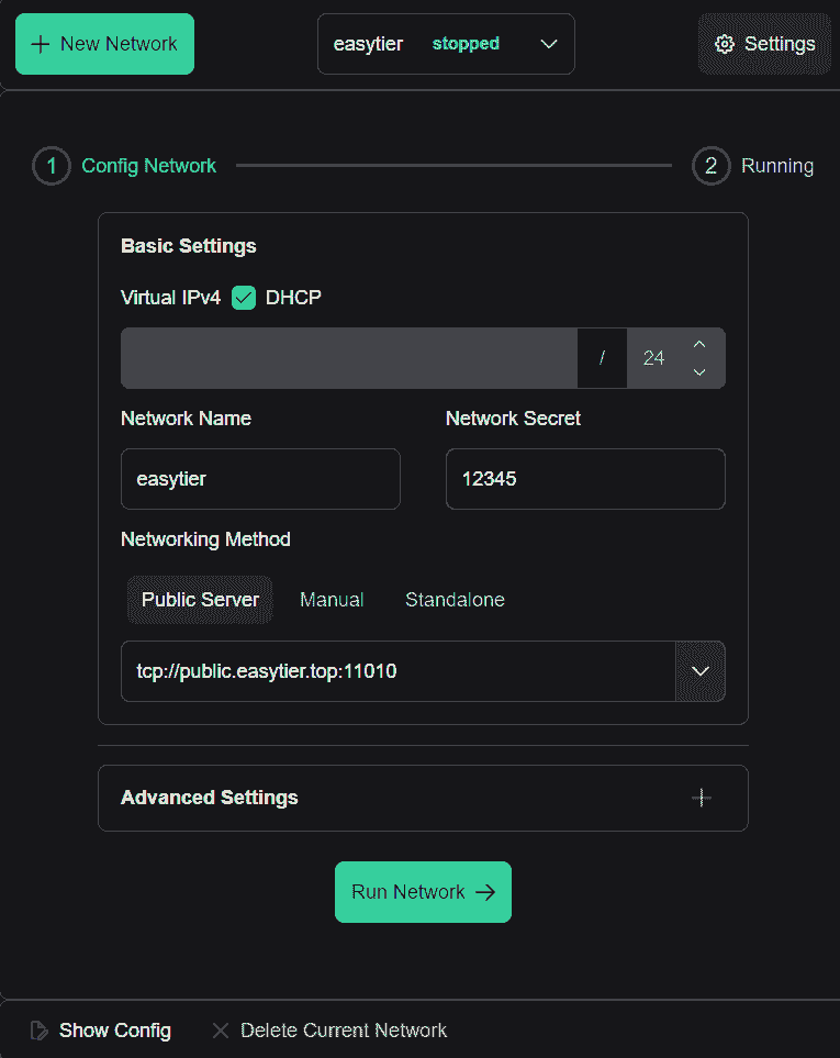 Easytier GUI configuration interface